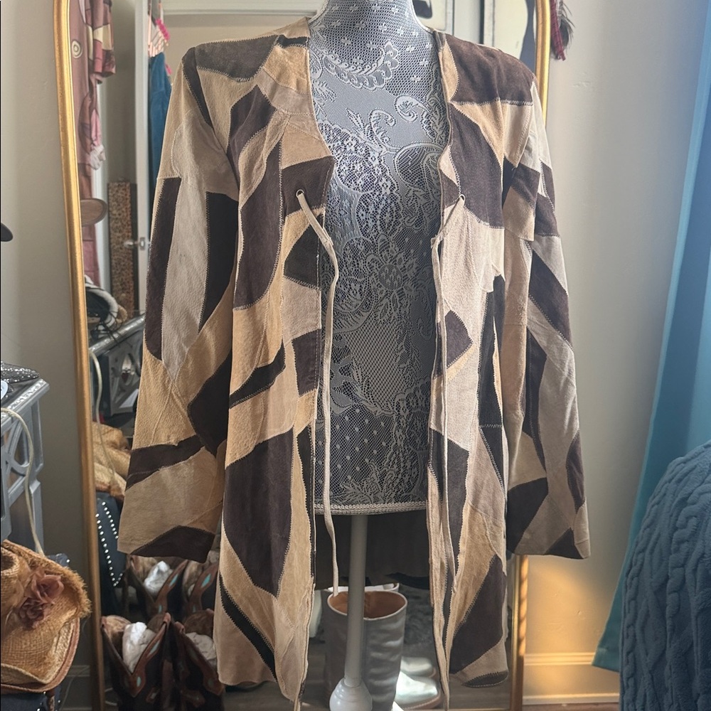 Geometric Patchwork Genuine Leather Open Jacket. … - image 8